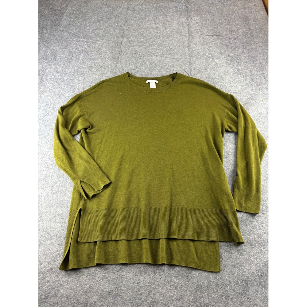 H & M Womens L Olive Green Crew Neck High Low Oversized Knit Sweater Boho Fall